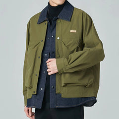 Threebooy Mens High-Grade Denim Patchwork Jacket Coat Spring And Autumn New Fashion Trend Loose Lapel Fake Two-Piece Workwear Tops Men
