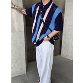 Threebooy Summer Hip Hop Men and Women Trendy Personalized Hollow Stripe Color blocked Knitted Polo Shirt Korean Casual Short Sleeve y2k