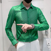 Threebooy Men's Summer Hollow Out Lace Long Sleeve Shirts/Male Slim Fit High Quality Lapel Fashion Shirt Sexy Nightclub Shirt 4XL