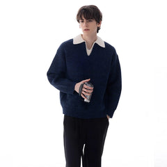 Threebooy Men's Color-blocking Patchwork V-neck Sweater Light Luxury Knitted Long Sleeve Pullover Autumn Korean Trendy Male Clothing M-3XL