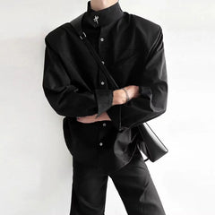 Threebooy Y2K Mens Shirt Pocket Retro Button Padded Shoulder Long Sleeved Shirt Spring Casual Simple Anti-Static Top Men's Clothing Unisex