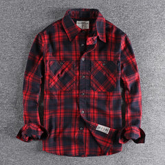 Threebooy American Casual Wear Men Plaid Shirt Fashion Thickened Double Pocket Work Clothes Long Sleeved Shirt Male Tops Clothes