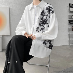 Threebooy Spring Autumn Long Sleeve Print Shirt Man Black/White High Street Fashion Casual Button Patchwork Harajuku All-match Blouse