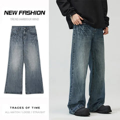 Threebooy New Fashion Lightning Crack Men's Baggy Straight Jeans Vintage Blue Bootcut Trousers Personality Streetwear Male Denim Pants