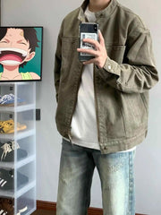 Threebooy Spring Autumn Vintage Coat American Retro Heavy Washing Canvas High-end Jacket Men's Stand-up Collar Design Casual Jacket Chic