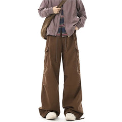 Threebooy Multi-pockets Cargo Pants Men Women Hip-hop Wide-leg Mopping Trousers Vintage Loose Casual Spring Couple Unisex Drawstring Pants