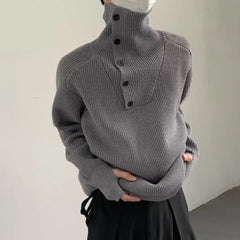 Threebooy Mens Sweater Striped High Collar Side Button Knit Sweater Streetwear Trend Fashion Youth Campus Long Sleeve Tops Men'S Clothing