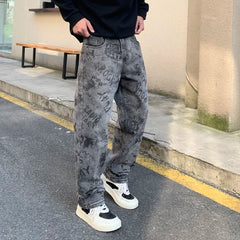 Threebooy High Quality New Grey Jeans Men Graphic Printed Y2k Denim Trousers Hip Pop Rock Straight Fit Male's Pants