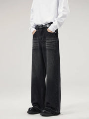 Threebooy New Men's Distressed Baggy Straight Jeans Fashion Raw Edge Wide Leg Trousers High Street Korean Denim Pants Male Trendy Brand