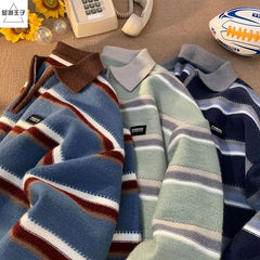 Korean hip-hop autumn and winter half zip polo collar striped sweater for men and women loose and trendy retro Harajuku casual