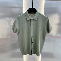 Threebooy Summer Polo Neck Ice Silk Short Sleeved T-shirt Men's Slim Fit Knitted Shirt Casual Business Tshirts Social Streetwear Tee