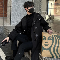 Threebooy Autumn Winter Men's Hooded Coat men Long trench Coat with Lining Wool Blends Streetwear Knee Coats Casual Men's Outerwear Cloth