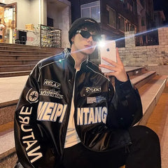 Threebooy Autumn Varsity Jacket Long Sleeve Motorcycle Jacket Racing Baseball Jacket Men Y2k Printed Casual Loose Coat