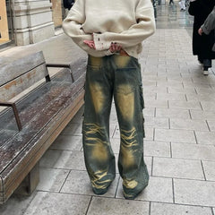 Threebooy Y2k Hip Hop Retro Streetwear Mens Jeans Distressed Faded Washed Oversized Pockets Loose Cargo Pants High Street Wide Leg Pants
