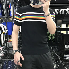 Threebooy Clothing Men's Summer Knitted T-shirts/Male Slim Fit Stripe Fashion Business T-shirt O-Neck Casual T-Shirt Streetwears