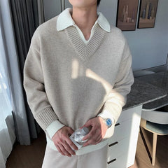 Threebooy Korean style autumn and winter street fashion personality splicing V-neck sweater for couples loose and lazy knit casual top y2k