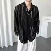 Threebooy Mens Shirt Metal Ornaments Lace Hollow Perspective Casual Shirt Summer Niche Temperament Streetwear Nightclub Top Men'S Clothing
