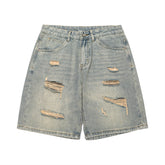 Threebooy Hip Hop Denim Shorts Men Streetwear Vintage Ripped Hole Jeans Short Oversized Harajuku Blue Straight Baggy Knee Length Pant Male