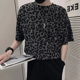 Threebooy Leopard Print Hollow Five-point Sleeve T-shirt Men's Summer Ice Silk Cool Short-sleeved 2025 New Men's Fashion Trend Top Chic