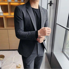 Threebooy British Style Men's 2 Piece Set Suit Trendy Fashion Casual Version Formal Slim Fit Black Suit Wedding Groom Business Prom