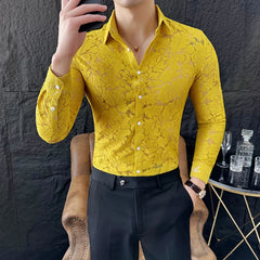 Threebooy Sexy Mesh See Through Flower Lace Sheer Shirt for Men Long Sleeve Casual Shirts Social Party Tuxedo Nightclub Event Prom Shirts
