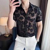 Threebooy Summer New Lace Hollow Short Sleeve Shirt Ice Silk Fashion Leisure Nightclub Shirt High Quality Sunscreen Shirt Size 4XL-M