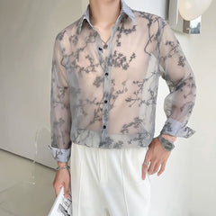 Threebooy Mens Shirts See-Through Plum Blossom Jacquard Shirts Summer Nightclub Niche Streetwear Youth Breathable Thin Tops Men'S Clothing