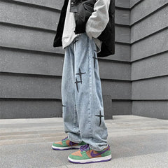 Threebooy Fashion Star Embroidery Men's Baggy Straight Jeans Korean Y2K Wide Leg Denim Pants Personality Streetwear Hip Hop Male Trousers