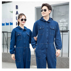 Threebooy Denim Coveralls Electric Welding Suit Labor Insurance Clothes Auto Repairman Workwear Hooded Overalls 170/175/180/185/190cm 4XL