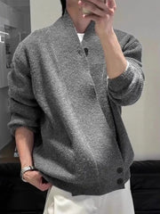 Threebooy Korean Style Versatile Unique Design Slanted Buttons Relaxed Fit Solid Color Men's Autumn Winter Lazy Chic Loose Cardigan