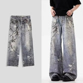 Threebooy New Men's 3D Chain Printed Baggy Jeans Autumn Casual Baggy Straight Denim Pants Women High Street Blue Wide-leg Y2K Jean