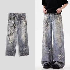 Threebooy New Men's 3D Chain Printed Baggy Jeans Autumn Casual Baggy Straight Denim Pants Women High Street Blue Wide-leg Y2K Jean
