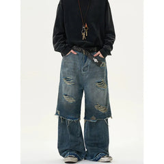 Threebooy Blue Vintage Ripped Harajuku Loose Fit Jeans Y2K Hollow Out Wide Leg Trashy Pants Women's Baggy Tassel Street Denim Trouser