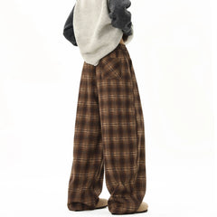 Threebooy Winter Trendy Tartan Fleeced Plaid Casual Pants Men's Loose Straight Warm Long Pants Mopping Trousers For Men Black/Coffee