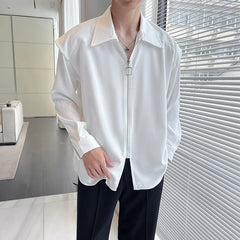 Threebooy Fake Two Piece Solid Zipper Chic Shirt Turn-down Collar Handsome Long Sleeve Shirts Man Streetwear Casual Men's Clothing
