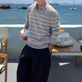 Threebooy American Chic Striped Men Polo Sweater Luxury Trendy Business V Neck Knit Solid Color Pullover Leisure Slim Long Sleeve Knitwear