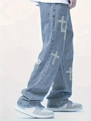 Threebooy Men's Loose Fit Washed Denim Cargo Pants with Large Pockets, Street Style Casual Jeans Suitable for Casual Wear