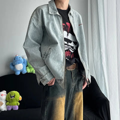 Threebooy 90s Streetwear American Embroidery Washed Denim Jacket Men's Spring and Autumn New Style Loose Casual Jacket Top Couple