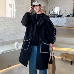 Threebooy Hooded Trench men Autumn Coat 2025 AW Mid Length Outdoor Casual Trendy Youth Topstitching Patch Pockets Unique Fashion