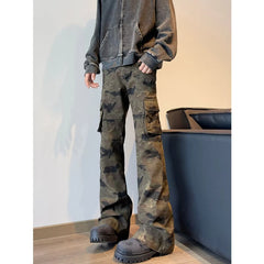 Threebooy Y2K Streetwear Camouflage Slim Flare Jeans Pants For Men Designer Clothes Harajuku Hip Hop