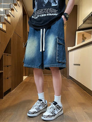Threebooy Summer Men's Cargo Denim Shorts Baggy Straight Fashion Casual Wide Leg Short Pants Big Pocket Beach Vacation Short Jeans Male