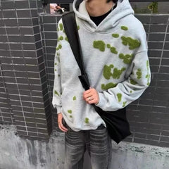 Threebooy Gray Heavy Moss Embroidered Hooded Sweatshirt Men 2025 Spring And Autumn Fashion Trend American Retro Couple Casual Tops Unisex