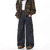 Threebooy Korean Retro Men'S Loose Wide Leg Jeans High Street Straight Leg Pants Casual Jeans Multi Pocket Work Pants