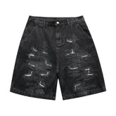 Threebooy Hip Hop Denim Shorts Men Streetwear Vintage Patch Jeans Short Oversized Harajuku Embroidery Black Baggy Knee Length Pants Male