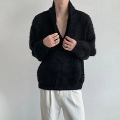 Threebooy Mens Sweater Furry Knit Sweater Street Wear Fashionable Comfortable Youth Trend All-Match Deep V Long-Sleeved Top Men'S Clothing