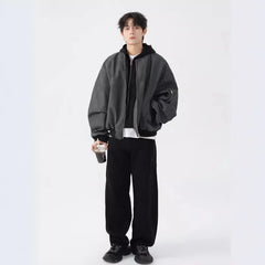 Threebooy American retro baseball jacket men's autumn winter loose casual short hooded PU leather texture jacket jacket