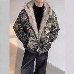 Threebooy Fashion men's Camouflage Cotton-padded Coat Fur Hooded Zipper Thick Warm Quilted Jacket Winter Y2K Zip up Hoodie