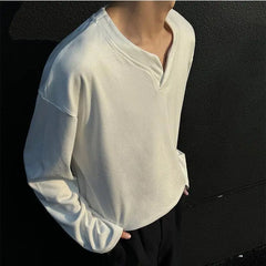 Threebooy V-Neck Long Sleeve T-Shirt Men's Autumn Winter American Style Layering Warm Solid Color Sweatshirt