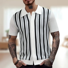 Threebooy Men's Business Striped Knitted Polo Shirt Light Luxury Leisure Turn Down Collar Button Short Sleeve Shirts Breathable Knitwear