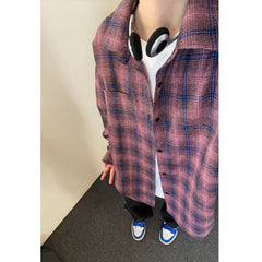 Threebooy Spring Long Sleeved Shirt Men Oversized Retro Plaid Shirt Men Japanese Streetwear Loose Casual Shirt Mens Black Vintage Shirts